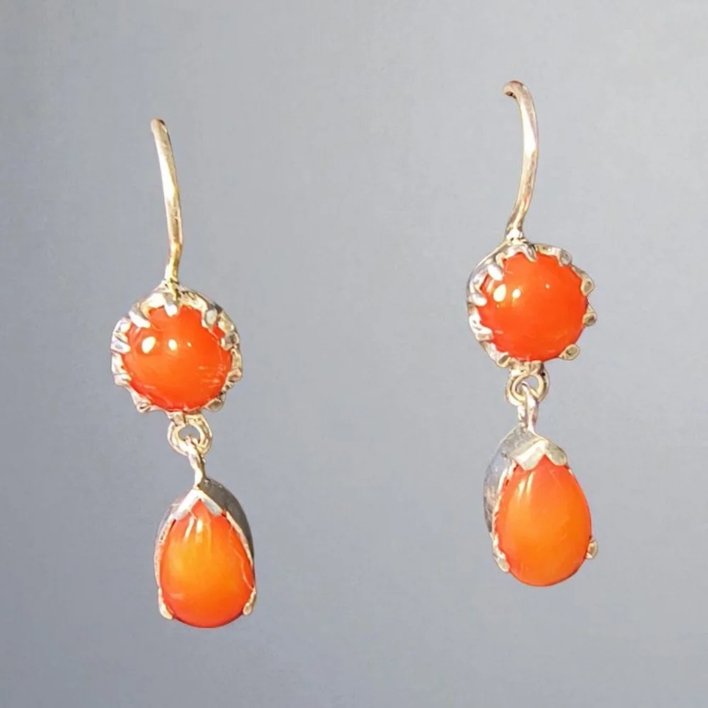 Sterling Silver Coral Dangle Earrings Teardrop & Round Cabochon Orange Gemstones